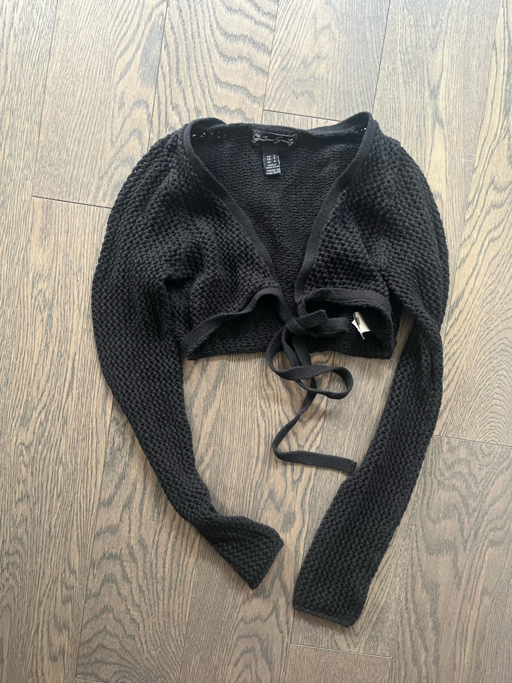 Black Waffle Knit Cardigan with Tie